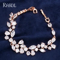 rakol luxury cubic zirconia crystal leaf chain link bracelets with rose gold for women bridal wedding jewelry rb0146