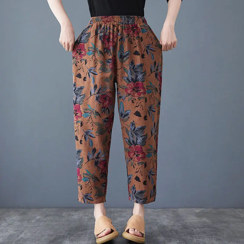Женские брюки 2024 летние повседневные мешковатые с высокой талией и принтом