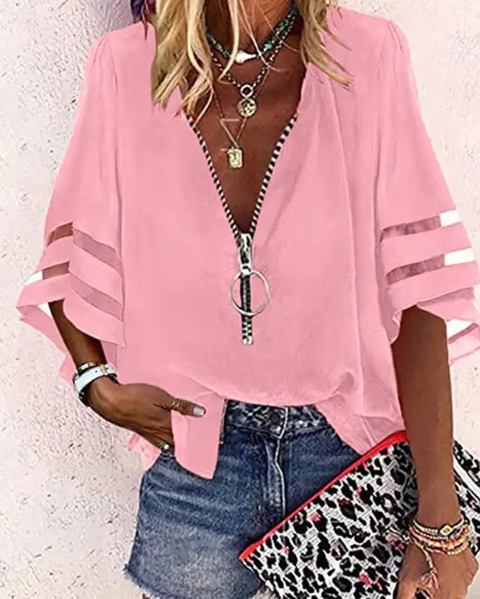 

Casual Tops For Women Fashion 2022 Summer Contrast Mesh Bell Sleeve V-Neck Half Sleeve Zipper Front Chiffon Daily Loose Blouse