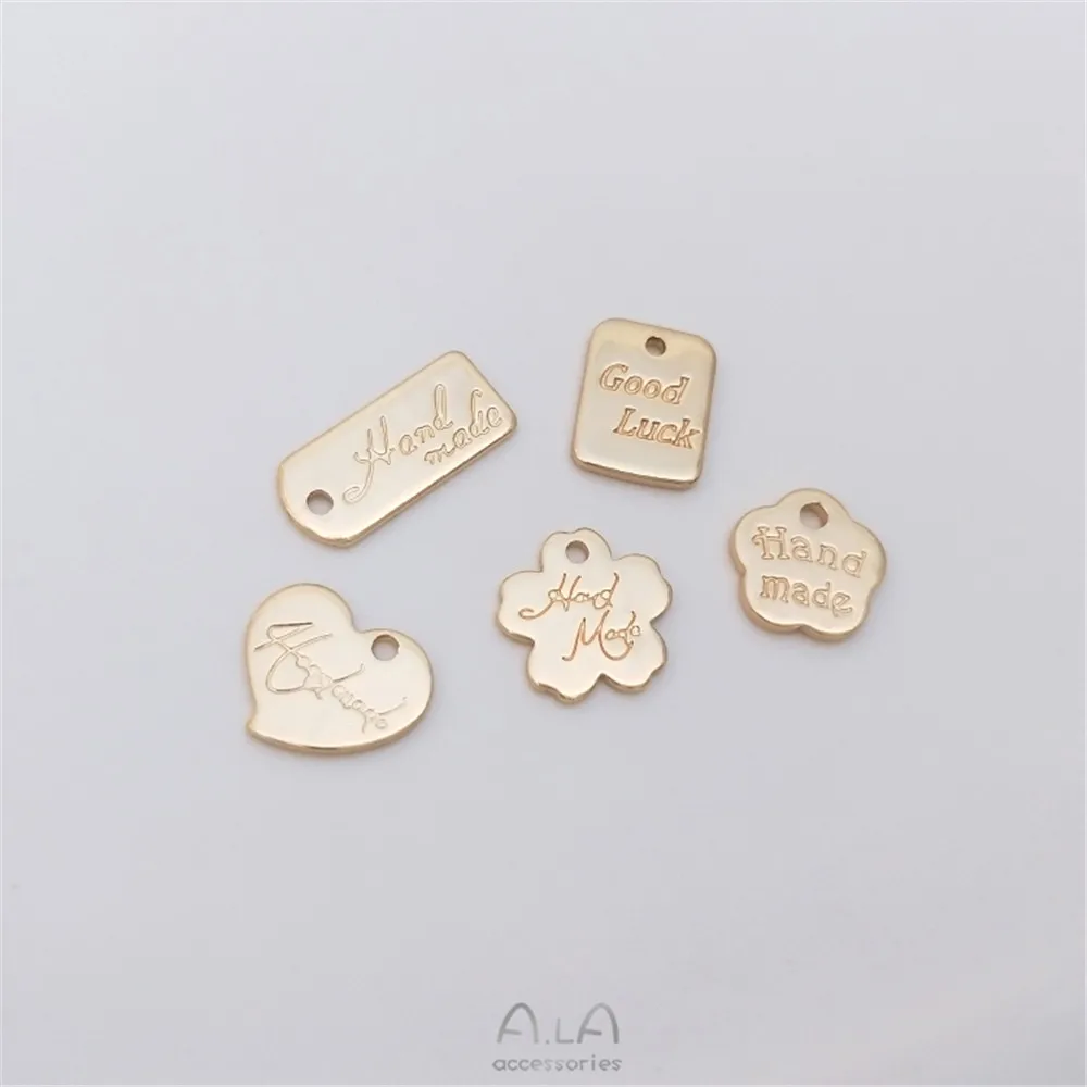 

14K gold engraved letters flower tag cherry blossom shaped heart shaped rectangular pendant DIY ornaments pendant