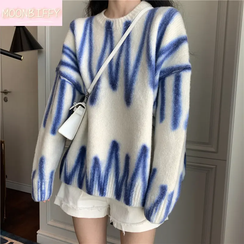

Long Sweaters For Women Autumn Winter Striped Print Pullovers Outerwear Women's Jumper O-Neck Loose Ladies Sweater Oversized