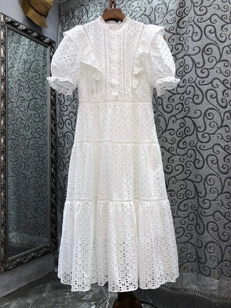 

Женское ажурное платье из 100% хлопка, белое ажурное платье до середины икры с оборками и коротким рукавом, в стиле бохо, для лета, 2022
