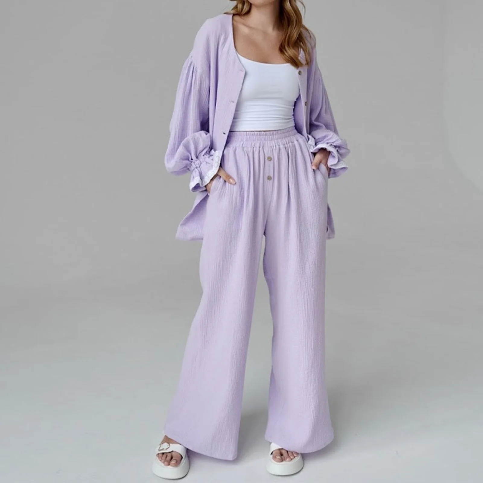 

Loose Slouchy Comfy Loungewear Set Women Lantern Sleeve Shirt & Trouser Suits Casual Tees Top & Elastic Waist Straight Leg Pants