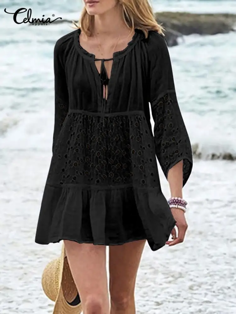 

Celmia Summer Holiday Sundress Elegant 3/4 Sleeve Lace Up O Neck Hollow Out Short Robes Beach Patchwork Fashion Mini Dresses