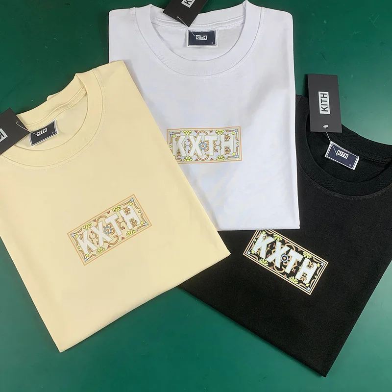 

KITH Moroccan Cashew Flowers Tile Box Logo Tees Fashion Summer 230g Heavy Fabric KITH Brand Clothing T-shirts Men Women