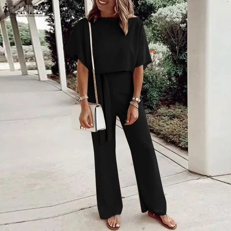 

Women Half Sleeve Jumpsuit ZANZEA Summer O-Neck Solid Loose Elastic waist Wide Leg Bodysuit Lace-Up Bohemian Casual Work Pants