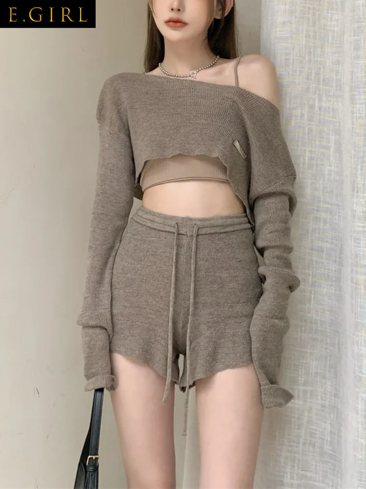 

Korean Sweet Outfits Knitting Tops+ Camisole + Pants Three-piece Set Girls Sexy Short Sweater Coat Vest&Mini Pants Suits