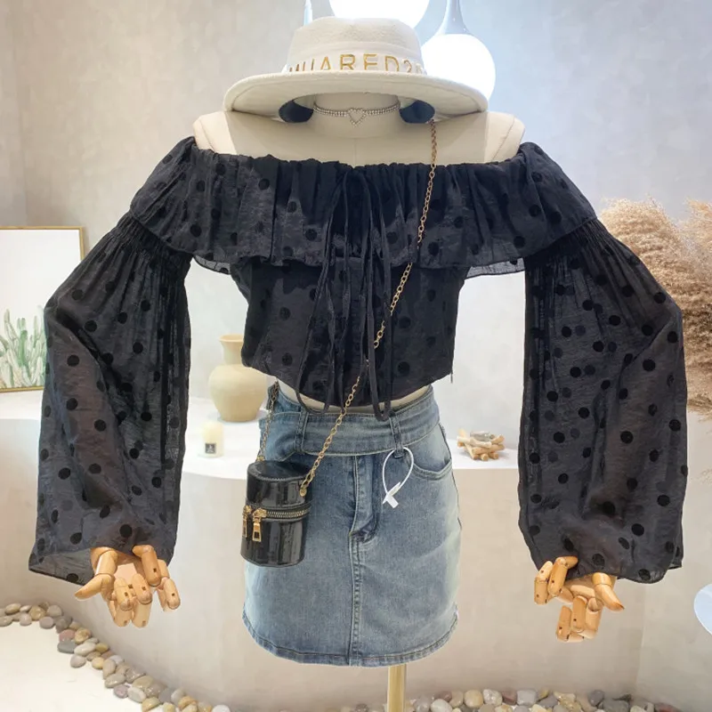 

Niche Design New Women 2022 Summer Short Slim Long Sleeve Off Shoulder Polka Dot Shirt Ruffle Sunscreen Chiffon Shirt Top Blusas