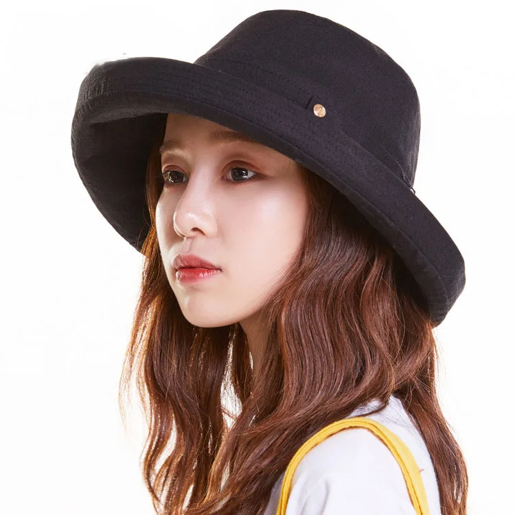 Fisherman's Hat Female Cotton Linen Simple Basin Cap Beach Outing Large Edge Windproof Sunscreen Sun Hat Free Shipping Sun Visor