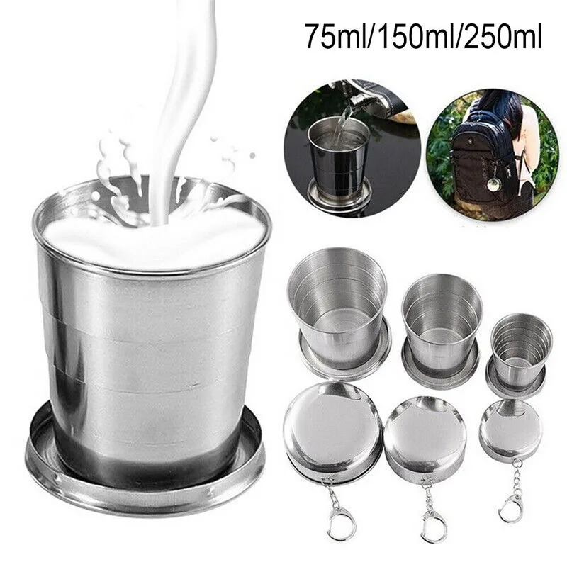 

75/150/250ML Stainless Steel Folding Cup Camping Foldable Mug Retractable Cup Teacups Teaware Camp Utensils Tableware Folded Cup