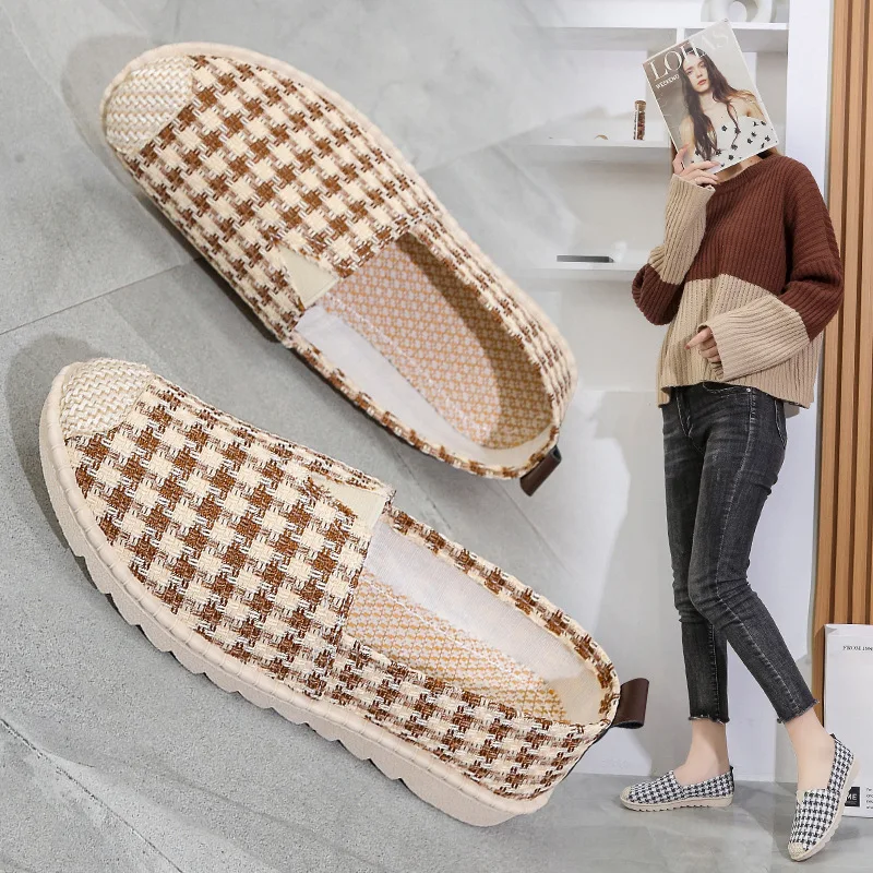 

Casual Pumps 2022 Spring/Summer New Korean Style Houndstooth Slip-on Loafers round Toe Low-Cut plus Size Loafers