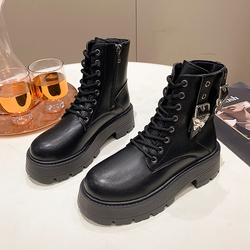 

Women Shoes Platform Boots Punk Gothic for Women Boots Combat Ladies Black Metal Button Woman Motorcycle Ankle Boots Autumn New