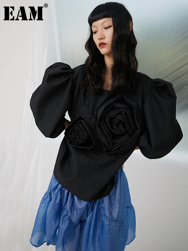 [EAM] Women Three-dimensional Flower Big Size Blouse New Round Neck Three-quarter Sleeve Shirt Fashion Spring Autumn 2022 1DE192