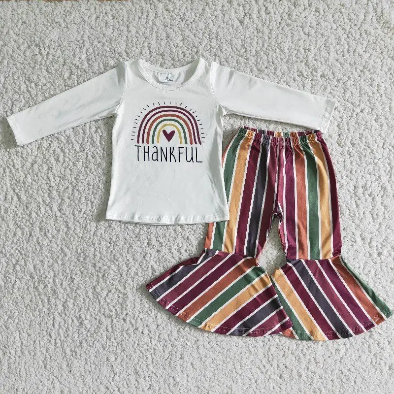 

newest design outfit autumn baby girl outfit rainbow long sleeve print and color stripes bell bottom pants kids clothing set