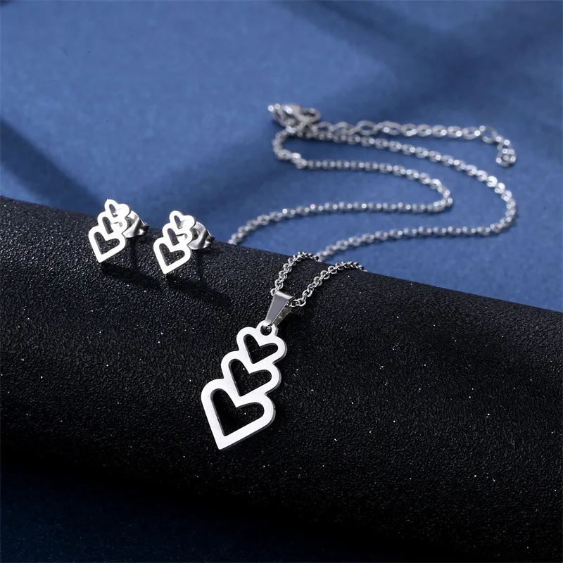 

Stainless Steel Silver Color Heart Pendant Chain Necklace Stud Earring for Women Party Birthday Fashion Jewelry Set Gift