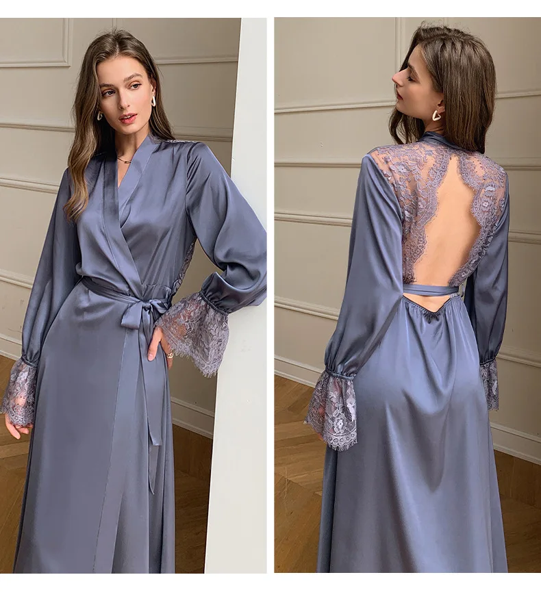 Summer Ladies Thin Satin Lace Patchwork French Elegant Backless Home Dress Pajamas