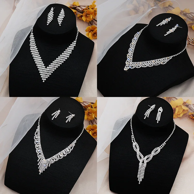 

New European and American Necklace Earrings Set Diamond 2-piece Set Full of Flash Diamond Tassel Necklace Clavicle Chain Women