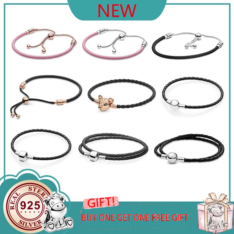 

Top Sale 925 Sterling Silver Sliding Leather Woven Lion Pan Bracelet For Women Fit Original Pandora Charm Beads Diy Jewelry Gift