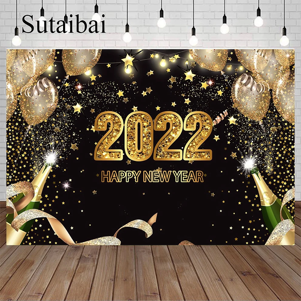 

2022 Happy New Year Photo Backdrop Merry Christmas Gold Glitters Stars Balloons Photography Background Black Photo Studio Props