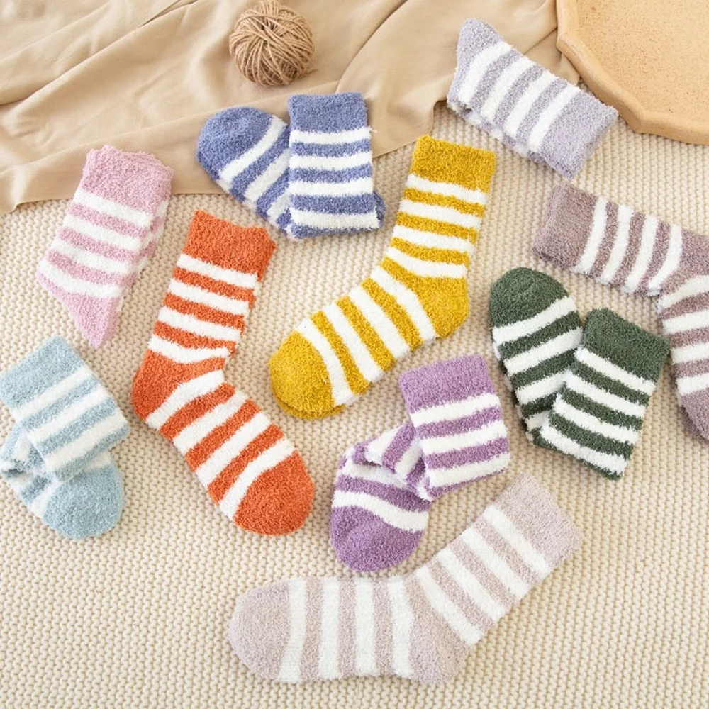 10 Pairs Autumn and Winter Thickened Striped Coral Fleece Socks Women Warm Home Sleeping Socks Mid-tube Plush Floor Socks