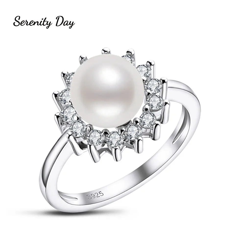 

Serenity Day 100% 925 Sterling Silver With a Big 8mm Pearl 14pcs Small Zircon Fine Ring For Women Wedding Birthday Jewelry Gift