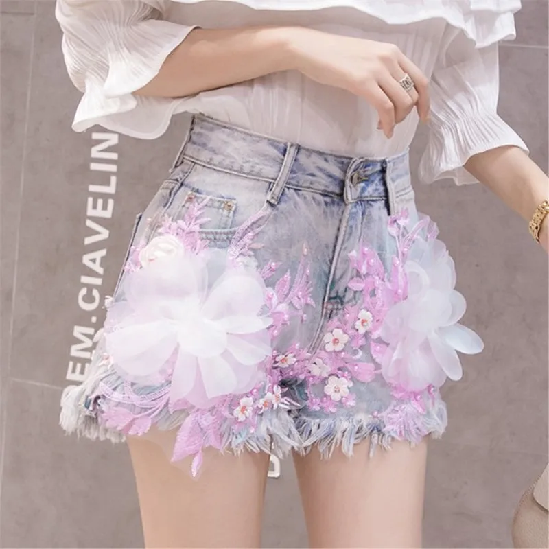 

Summer Women Fashion Trend Short Jeans High Waist Wide Leg Heavy Industry Flowers Female Denim Shorts Hole Casual Cowboy Shorts