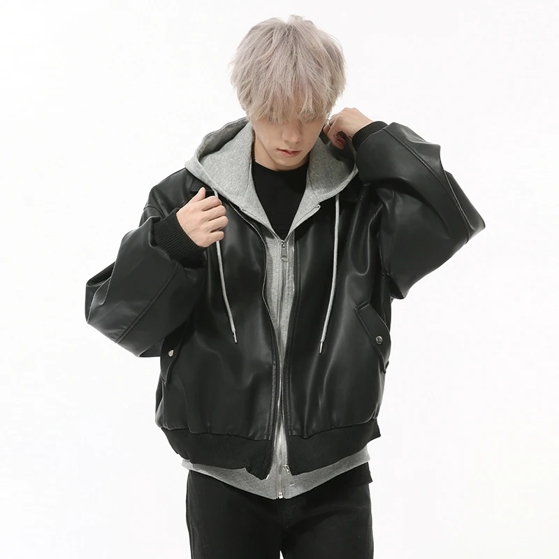 IEFB Niche Design Men's PU Leather Jackets Fake Two-piece Drawstring Hooded Casual Streetwear Contrast Color Male Coats 9C9295