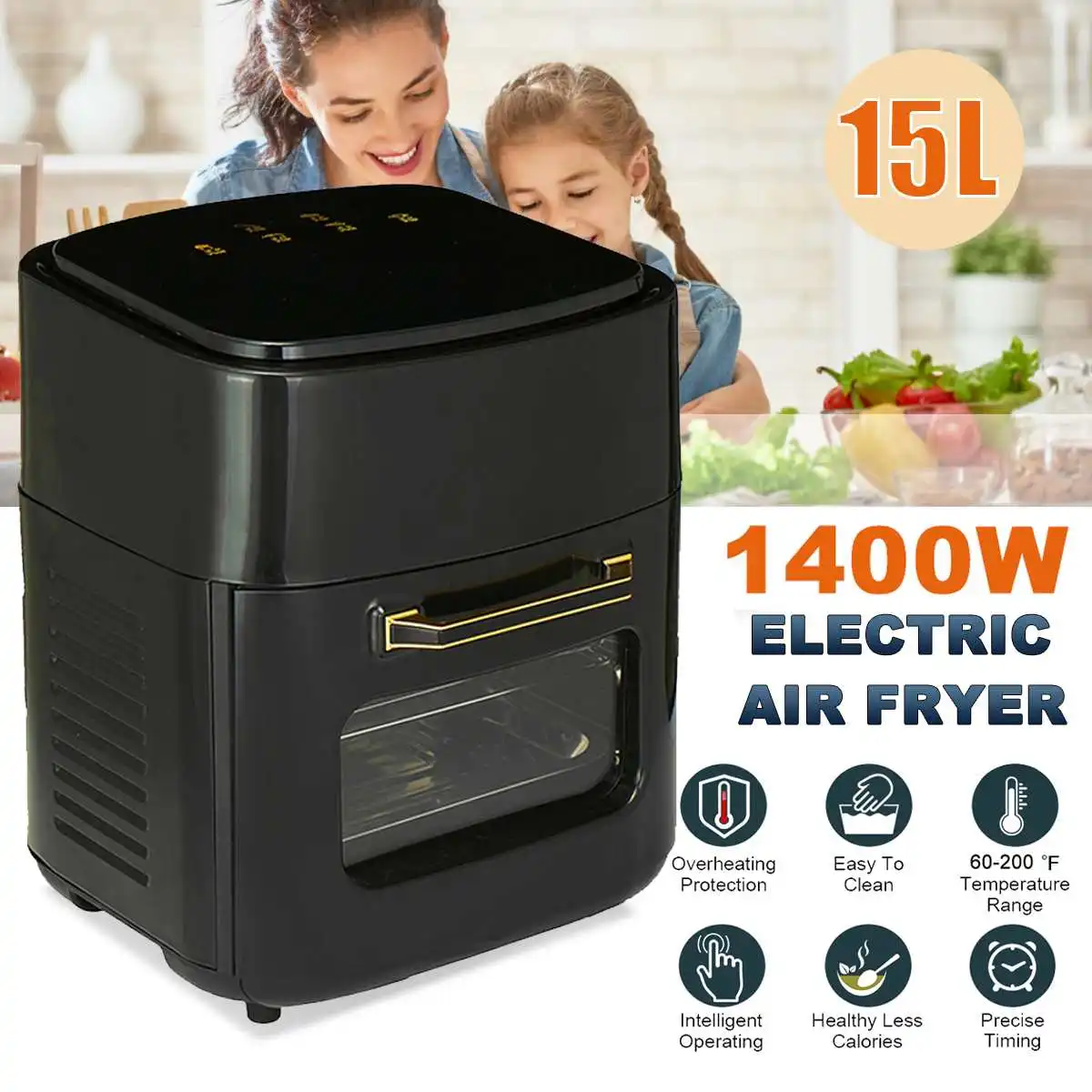 

15L 1400W Electric Air Fryer Oven Toaster Rotisserie Dehydrator LED Touchscreen Chicken Frying Machine 6 in 1 Countertop Oven