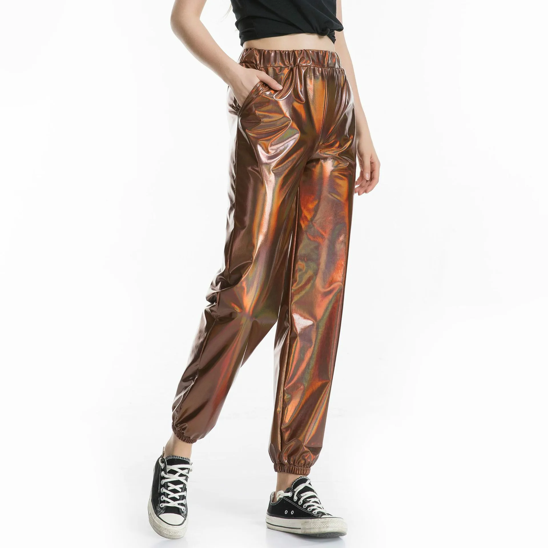 

Girls Hip Hop Jogger Pants Women Shiny Woman Trousers Laser Reflective Pants Loose Brown Trousers Casual Sportswear Plus Size