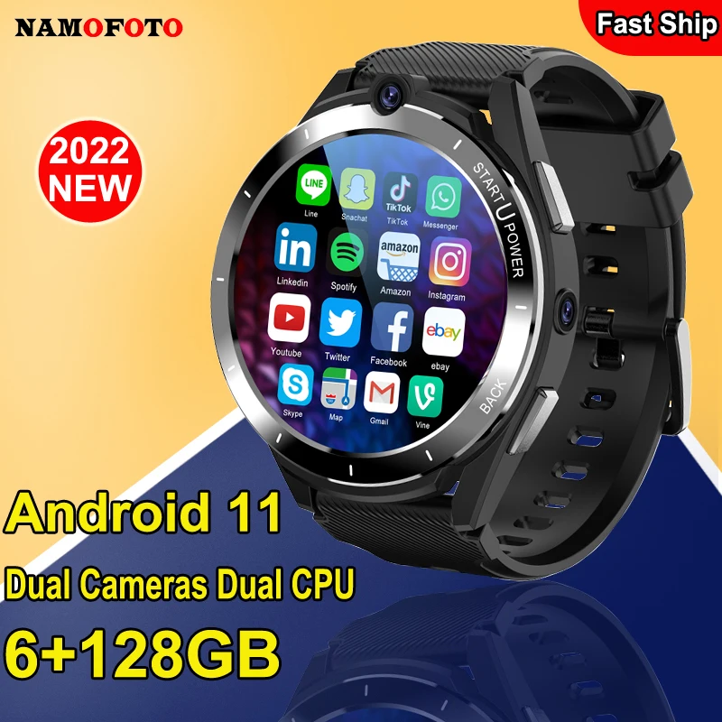 

NAMOFOTO 6GB 128GB 4G LTE Smart Watch Phone New Android 11 Dual CPU 8MP Camera 900mAh Sim Card Wi-Fi GPS 1.6'' Men Smartwatch