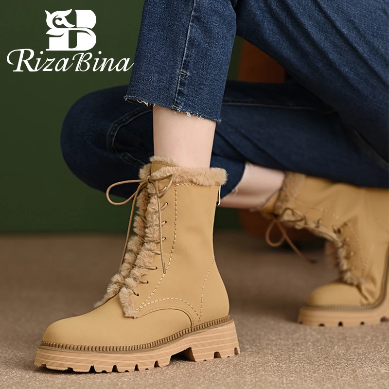 

RIZABINANew Women Short Boots Real Leather Plush Winter Shoes For Woman Fashion Warm Ankle Boots Ladies Footwear Size 34-39