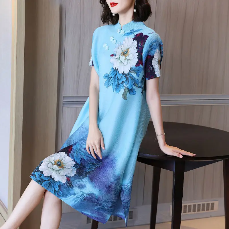 

Women dress Printing age dress new short-sleeved mm large size women's improvement cheongsam A word skirt mother summer dress