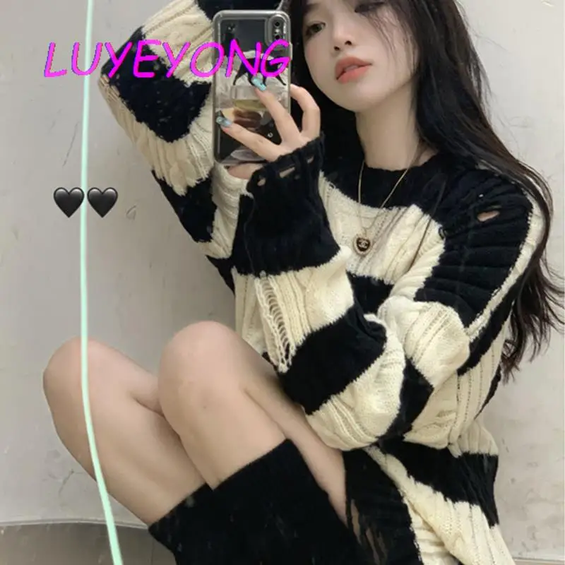 

Женский полосатый свободный джемпер Harajuku, повседневный пуловер с длинным рукавом, круглым вырезом и разрезом, осень 2023