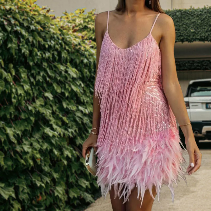Sexy Women'S Fringed Sequin Feather Stitching Dress 2022 Summer Slim V-Neck Off Shoulder Dresses Female Backless Slip Mini Robe