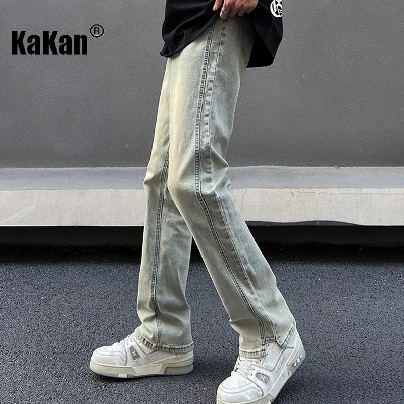 Kakan - New Yellow Mud Wash Jeans for Men, Elastic Loose Relaxed Long Jeans K24-ZLJLB0109