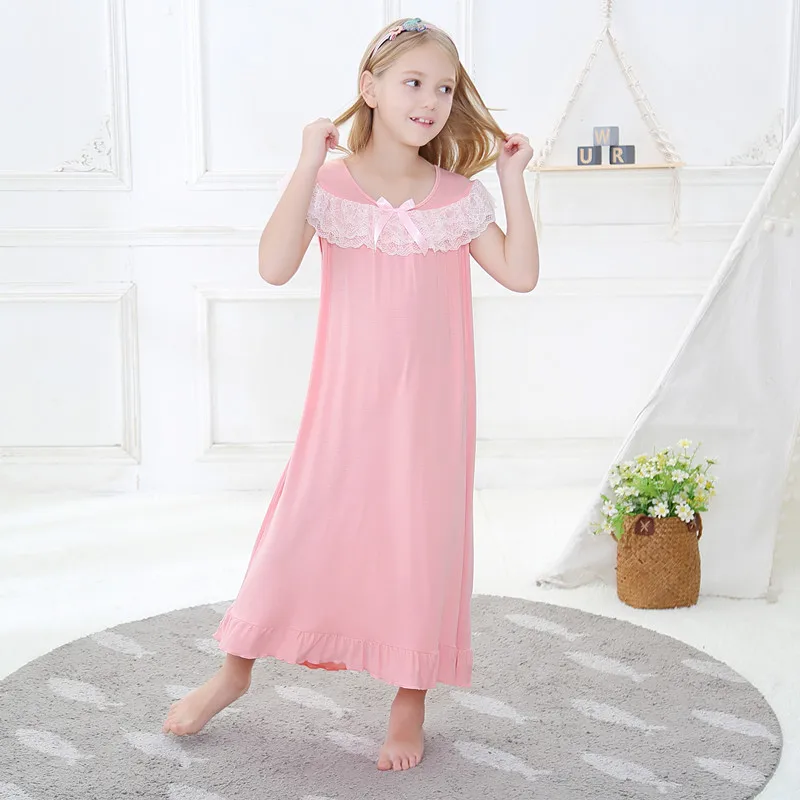 Summer Girls' Sleeveless Modal Cotton Long Princess Lace Nightdress Pajamas Home Wear Can Be Worn outside enlarge