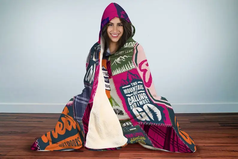 

Camping Hiking Exploring Hooded Blanket, Hooded Adventure Throw, Hiking Lover Hood Blanket, Vivid Pattern Hooded Blanket