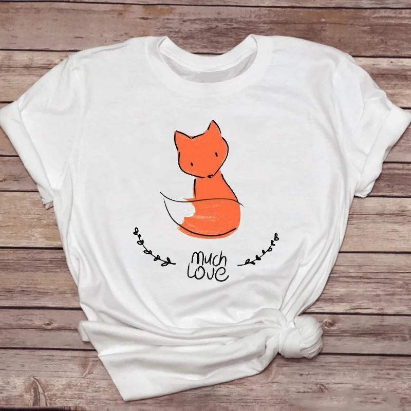 

Women T-shirts Fox Cartoon Simple Cute Short Sleeve Fashion 90s Ladies Print Stylish T Top Lady Shirt Sweet Tee T-Shirt