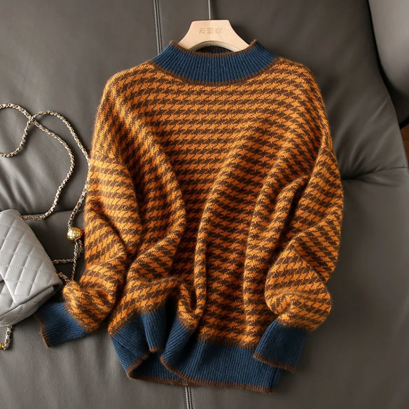 

Houndstooth half turtleneck loose and thin knitted sweater women 22 autumn long sleeve casual plaid pullover sweater female