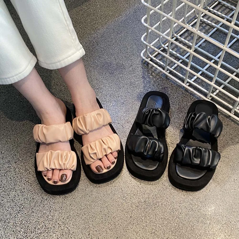 

BIKINIKEY New Women Shoes Flat Bottom Comfortable Sandals and Slippers Women Summer Fashion Pleated Thick Bottom Slippers Women