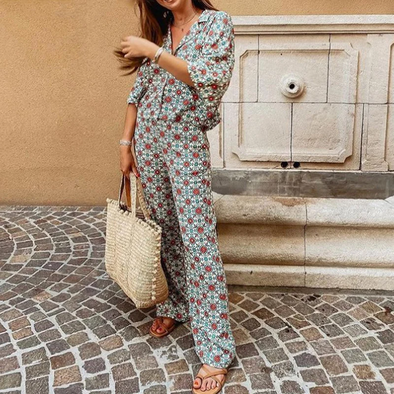 

2022 Autumn Vintage Pattern Print Two Piece Set Women Casual Loose Long Sleeve Blouse And Pants Suits For Female Elegant Outfits