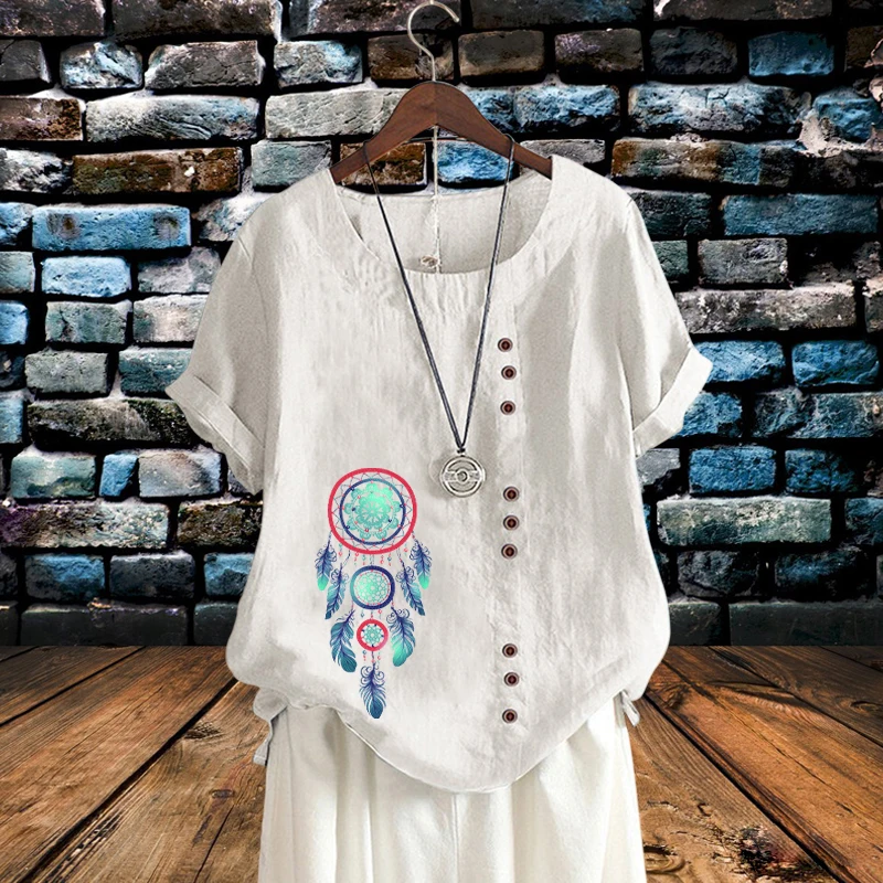 

2022 New Women Summer Multicolor Dreamcatcher Printed Cotton Linen T Shirt Trendy Loose Plus Size Solid Short Sleeve Top XS-5XL