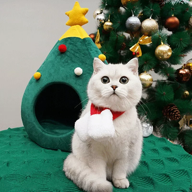 

Christmas Tree Shape Dog Bed House Soft Nest Tree Shape Pet Bed Winter Warm Bed Cave Tent Pet Accessories