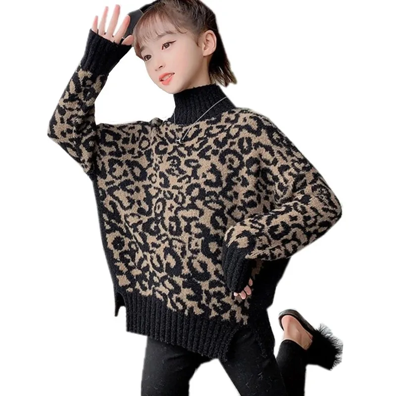 

Baby Girls Leopard Print Turtleneck Sweater New Autumn Winter Korean Style Loose Kintwear Clothes Top for Kids 6 8 10 12 13Years