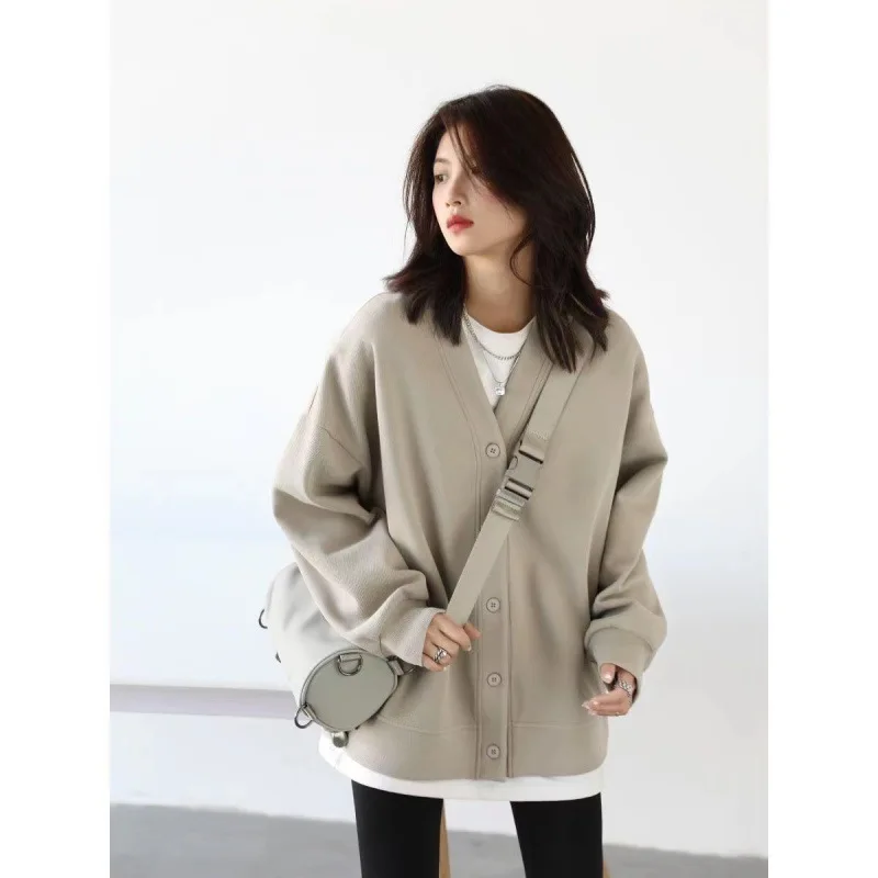 

Korean Autumn Winter Women's Sports Coat Casual Loose V-neck Sweatshirt for Women Thick Warm Tops Office Lady Female