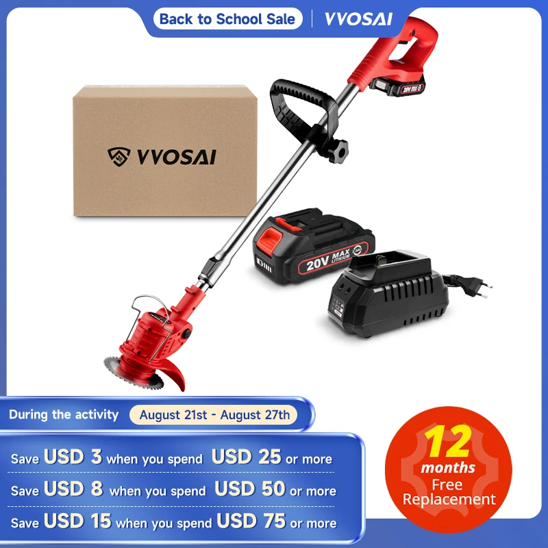 WOSAI 20V Electric Lawn Mower Adjustable Length Cordless Grass Trimmer 45°/ 60° Angle Adjustment Pruning Garden Tools