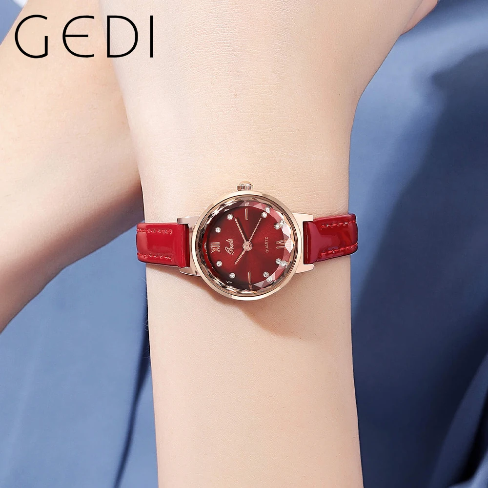 GEDI Retro Fashion Women Quartz Wrist Watches Luxury Brand Vintage Elegant Waterproof Leather Strap Ladies Clock Green Gold 2023