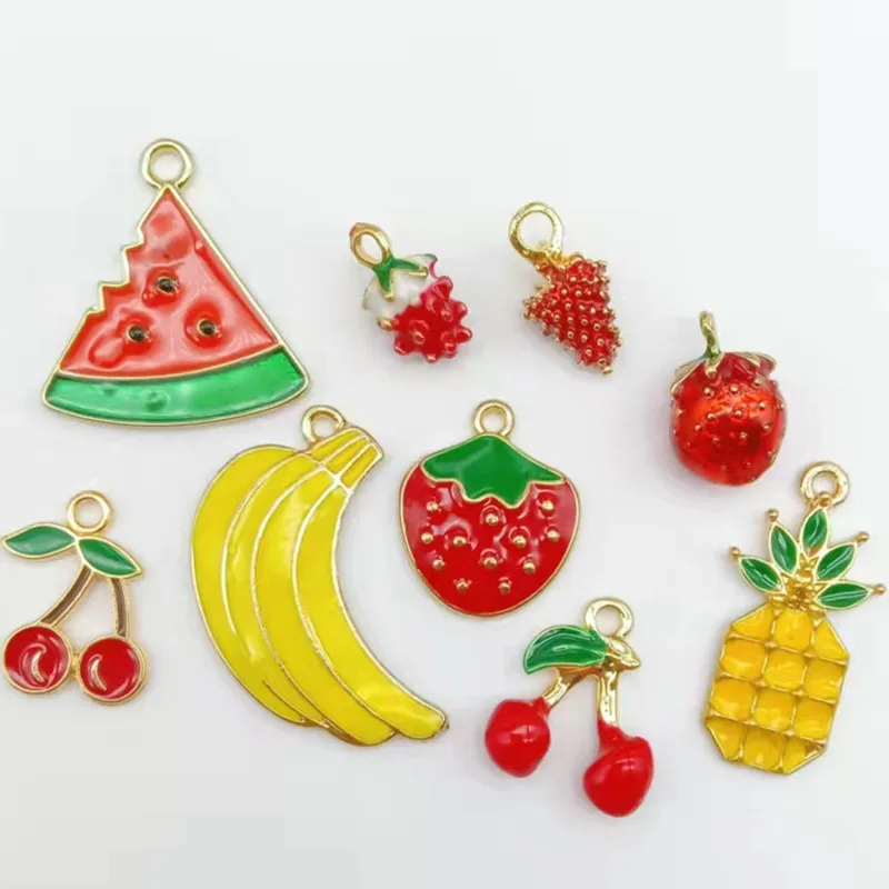 

10pcs Fruit Cherry Stawberry Pineapple Enamel Metal Charms Golden Base Earring Bracelet DIY Jewelry Making Earring Charm