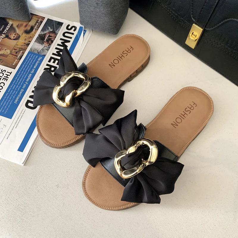 Women's Summer Luxury 2022 New Beach Sandals Flat Slippers Casual Bow Metal Decoration Irregular Soft Everyday Women's Shoes