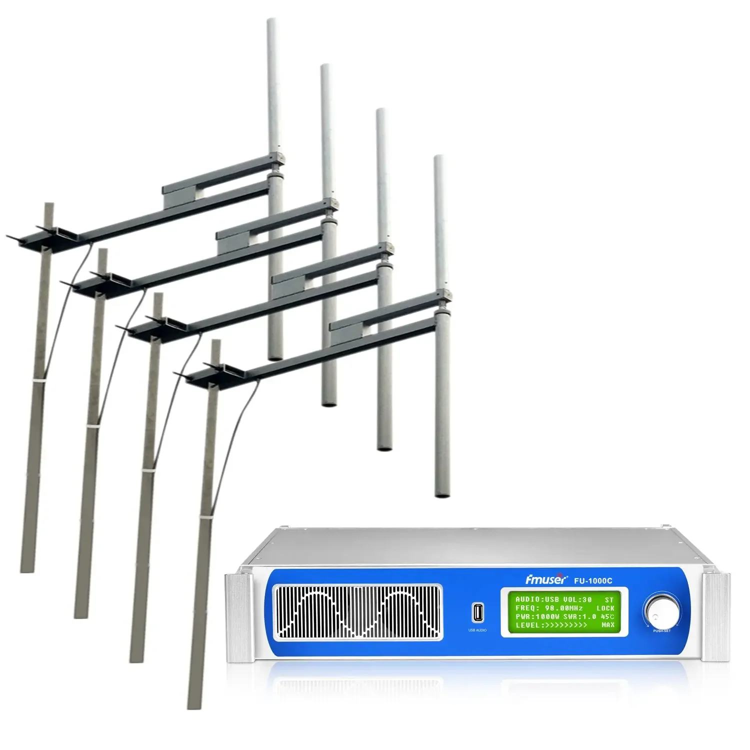 Фото FM-трансмиттер FMUSER 1000 Вт FU-1000C 1 кВт для радиовещания с четырьмя антеннами FU-DV2 и кабелем 98 футов для FM-станции №1